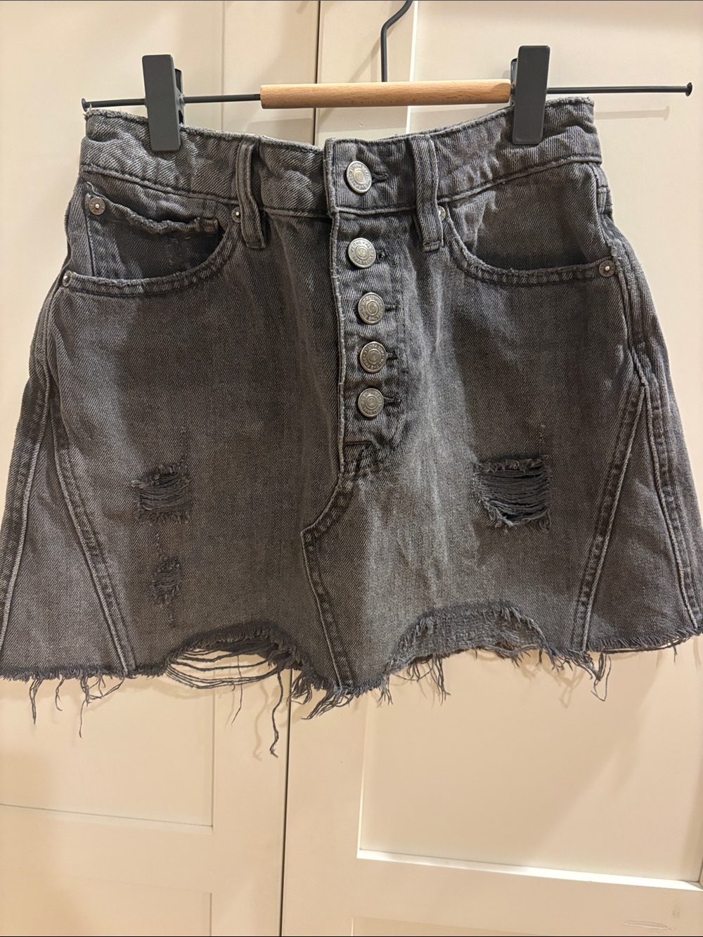 Free People  Washed Black Distressed Denim Mini Skirt